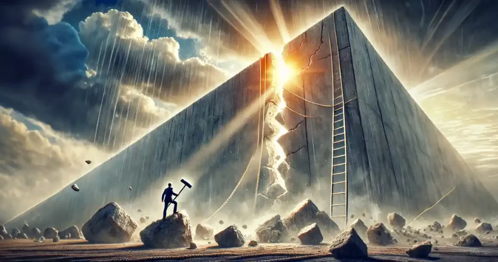 human breaking wall of barriers to overcome obstacles to success