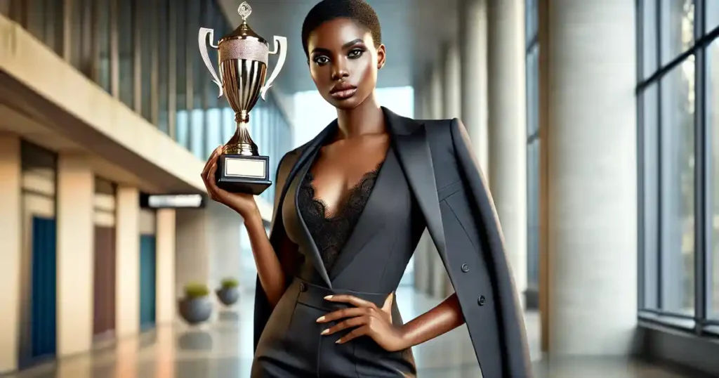 Powerful business woman holding a trophy, representing success via persistence and perseverance